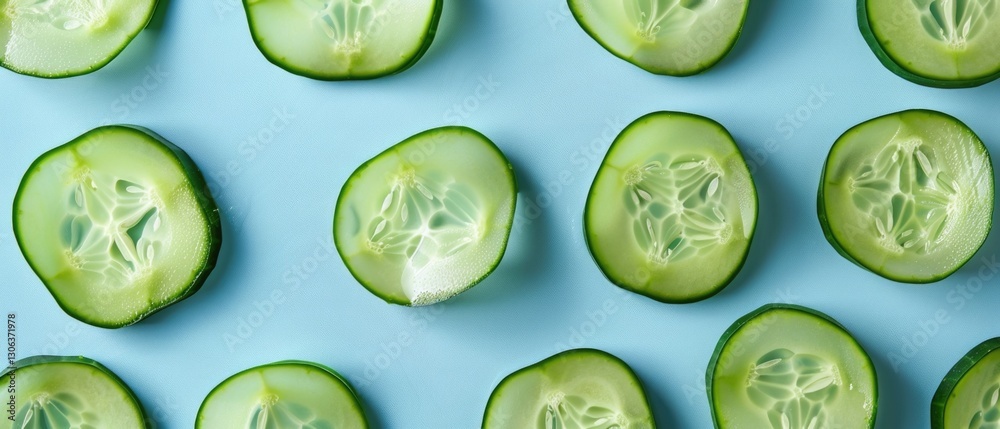 Obraz premium Sliced cucumber pieces arranged on a colorful background. Top down aerial view of sliced fresh vegetable with juice textured. Flat lay composition with copy space for food and health design. AIG55.