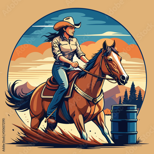 A vector cowgirl riding a horse in a barrel racing competition, logo and t-shirt design