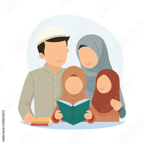 Happiness family Parent read book with child happily at home. Mother, father and kids learning together. Childs education by mom and dad. Flat vector illustration isolated on white background