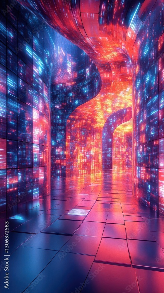 Naklejka premium Devise a visually striking composition merging digital screens with organic shapes in a surreal, psychedelic environment
