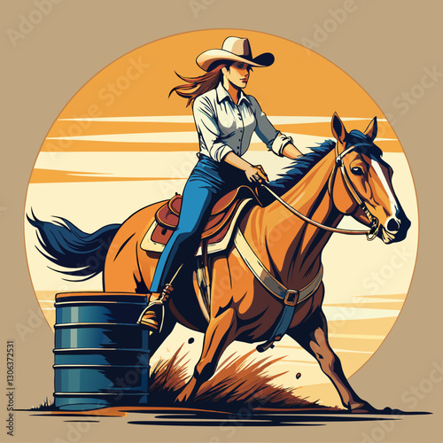A vector cowgirl riding a horse in a barrel racing competition, logo and t-shirt design