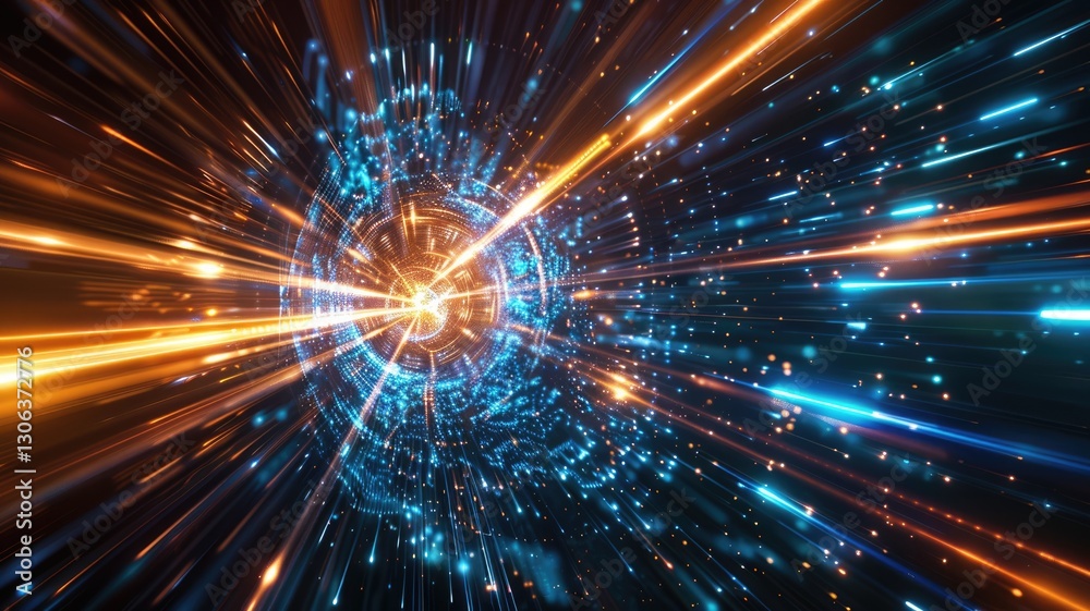 Light speed burst with blue and orange streaks. Dynamic motion of glowing particles in a digital tunnel. Technology and sci-fi concept. Glowing light pathway with digital code. Digital portal. AIG53.