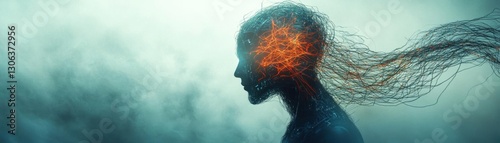 Illustrate a cybernetic human disentangling from a network, showcasing their rebirth, wires fading into mist, Cyberpunk, Glowing Aura, Surreal 3D Art photo