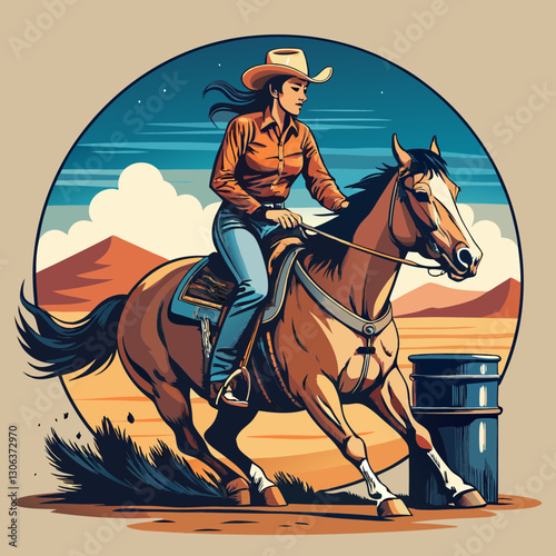 A vector cowgirl riding a horse in a barrel racing competition, logo and t-shirt design