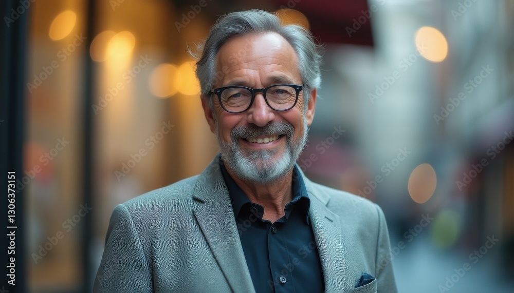 Fototapeta premium Distinguished gentleman smiling warmly in an urban setting during golden hour