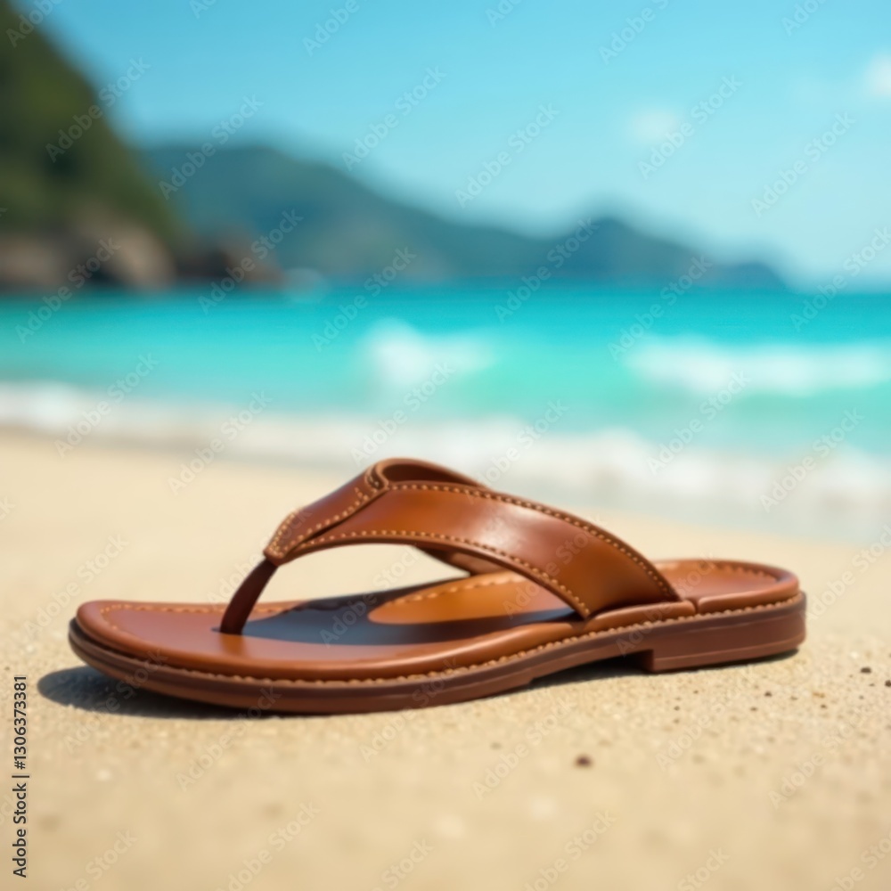Naklejka premium Close-up of stylish brown leather flip-flops, blurred beach & sea , vibrant, sun