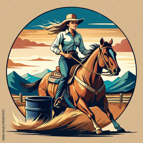 A vector cowgirl riding a horse in a barrel racing competition, logo and t-shirt design