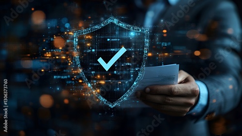 Digital Security Shield Icon with Checkmark in Futuristic Interface