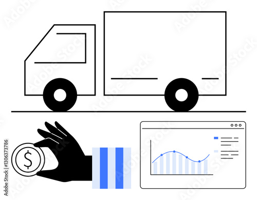 Delivery truck, hand holding coin symbolizing finance, and chart on dashboard illustrating data insights. Ideal for supply chain, e-commerce, monetary strategy, logistics, business growth