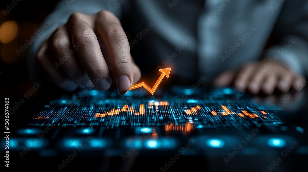 Hand Gesturing Rising Arrow on Digital Financial Data Screen Hand Gesturing Rising Arrow on Digital Financial Data Screen