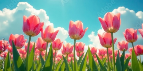 A vibrant field of pink tulips basking in the warm sunlight, their petals reaching towards a bright blue sky dotted with fluffy white clouds, a breathtaking springtime scene.