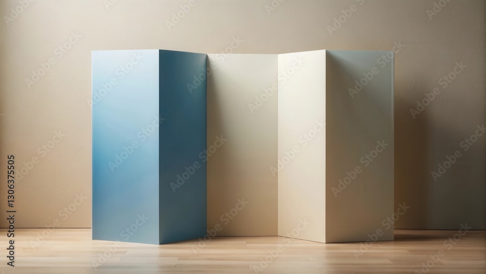Stylish Room Divider with Pale Blue and Beige Panels on Light Wood Floor Stylish Room Divider with Pale Blue and Beige Panels on Light Wood Floor