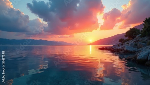 Burning sky reflects on tranquil Aegean waters, summer evening, colors, clouds, majestic