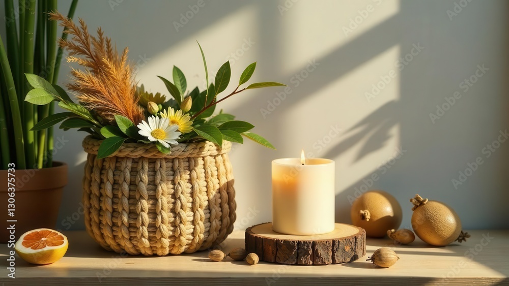 Fototapeta premium Sunlit Still Life Woven Basket of Daisies, Burning Candle, and Dried Fruit