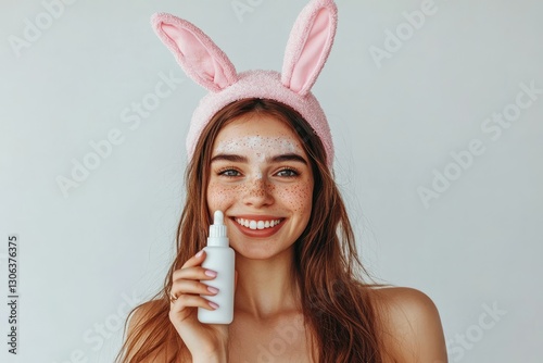 A beautiful woman with pink bunny ears is smiling and holding an unbranded white bottle of shampoo in her hand