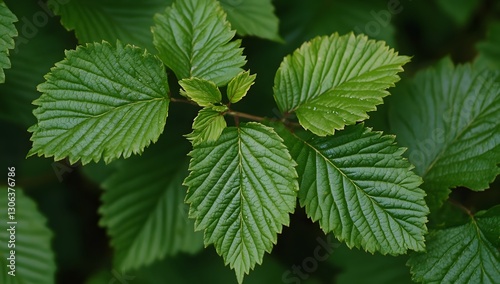 Closeup vibrant green leaves on branch, nature background