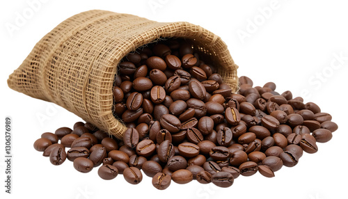 Roasted coffee beans in a burlap sack
