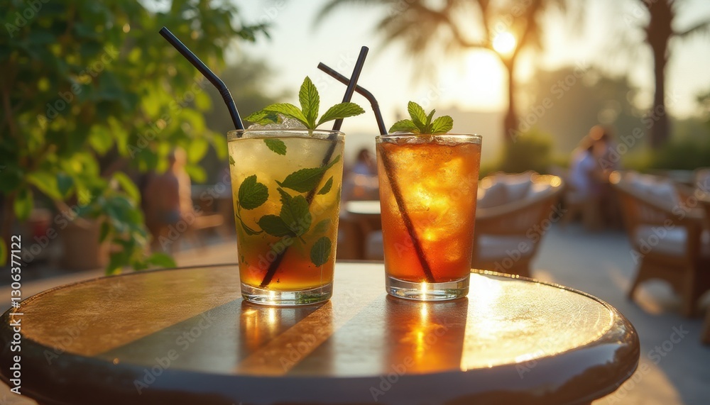 Sun kissed drinks on a golden evening with refreshing cocktails in a tropical setting Sun kissed drinks on a golden evening with refreshing cocktails in a tropical setting