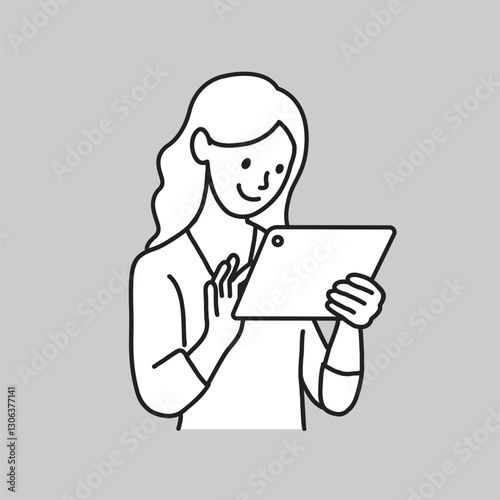 Woman using digital tablet line drawing vector