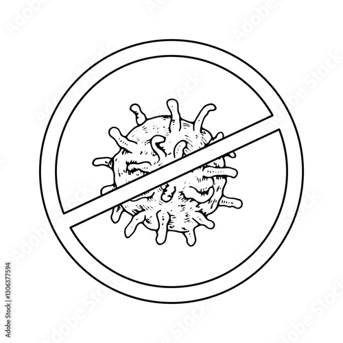 Antiviral sign, features a prohibition symbol against viruses and microbes. Black and white vector illustration with white background. Hand drawn isolated objects in line art technique