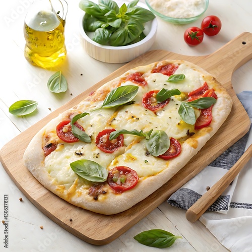 create a high quality, 35 mm photographic style, image of a margerita flatbread. the bread should be topped with fresh basilleaves and drizzled with olive oil, served on a wooden chopping board on a k photo