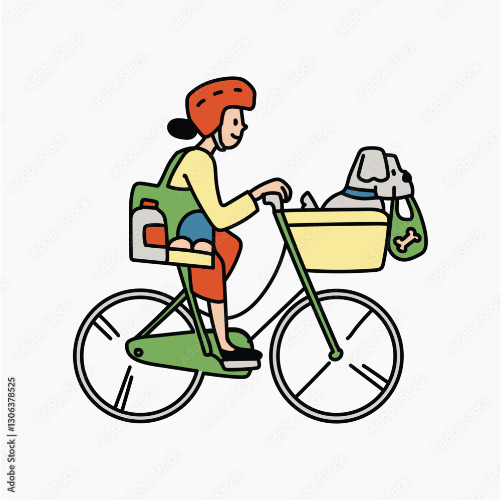 Woman bicycling to grocery shop doodle collage element vector Woman bicycling to grocery shop doodle collage element vector