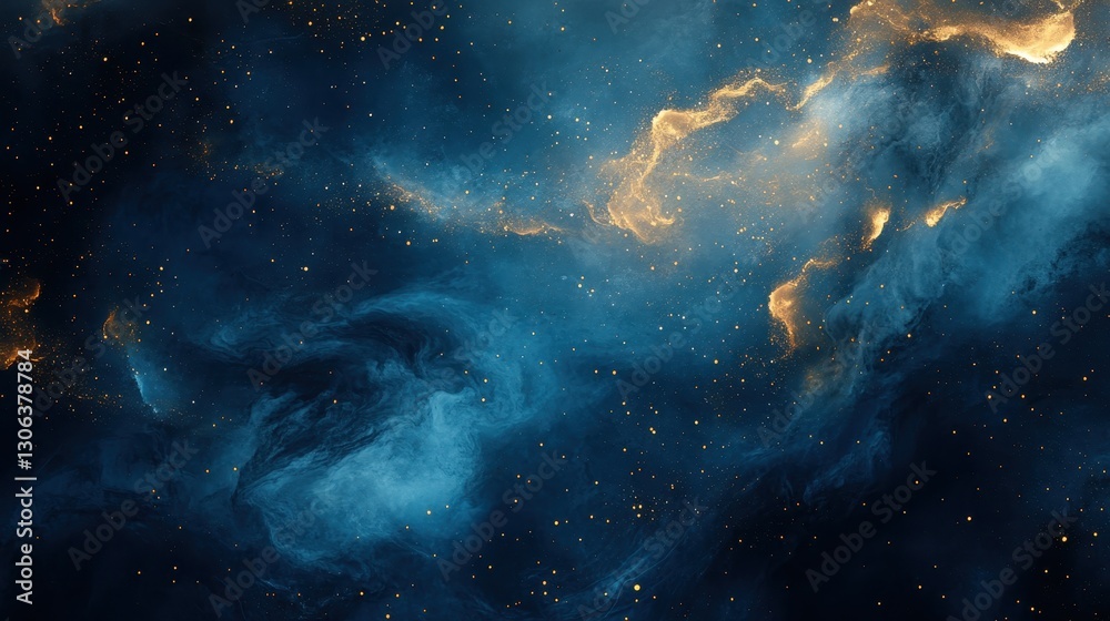 Stunning cosmic nebula with golden dust clouds and deep blue swirls in space Stunning cosmic nebula with golden dust clouds and deep blue swirls in space
