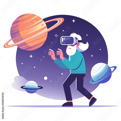 Oldman exploring virtual universe via VR, Virtual reality education