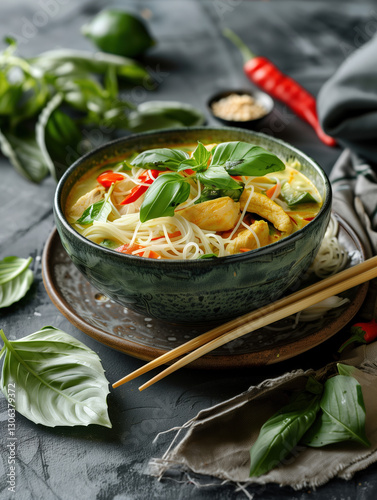 Chicken noodle soup served in a beautiful bowl in Japanese style food photography