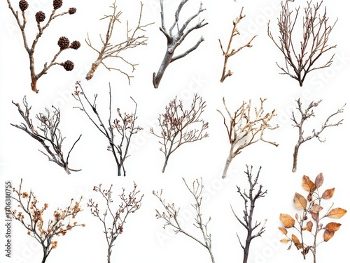 Selection of Natural Branch Elements. Bouquet Collection Elements Isolated on a White Background. - ai