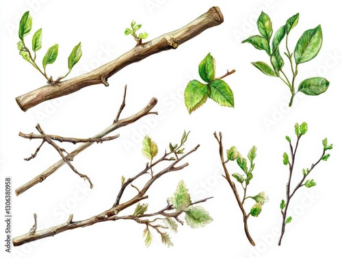 Selection of Natural Branch Elements. Bouquet Collection Elements Isolated on a White Background. - ai