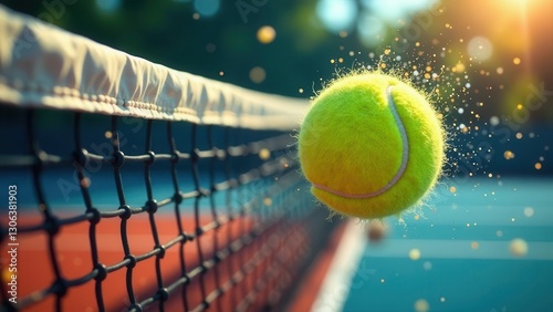 A vibrant yellow tennis ball in motion, a blur of speed and energy as it approaches the net during an exciting game, leaving a trail of sparkling dust particles in its wake.