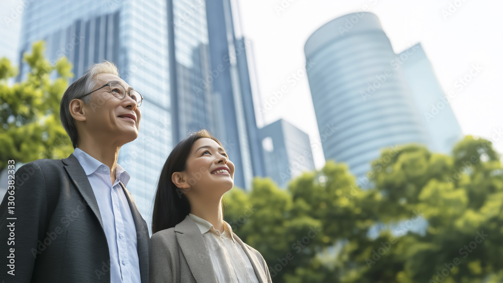 Elderly Asian couple smiling and looking up in cityscape with skyscrapers and greenery Elderly Asian couple smiling and looking up in cityscape with skyscrapers and greenery