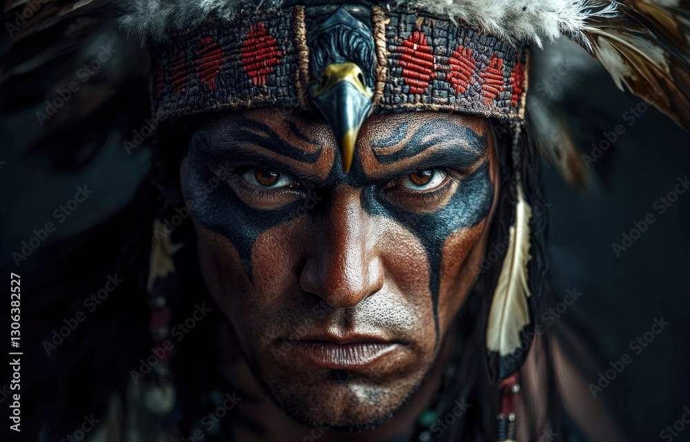 Close-up portrait of an indigenous elder with a feather, illuminated by firelight and deep emotion

