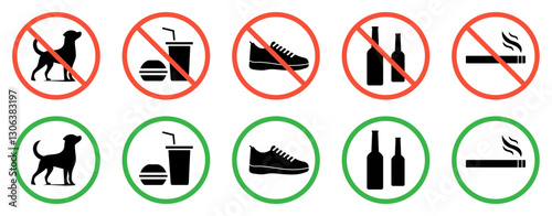 Set of prohibition and allowed sign symbol, smoking, eating, shoes, alcohol and dogs. Prohibited allowed vector sign icon symbol set in green and red circle. Isolated vector illustration.