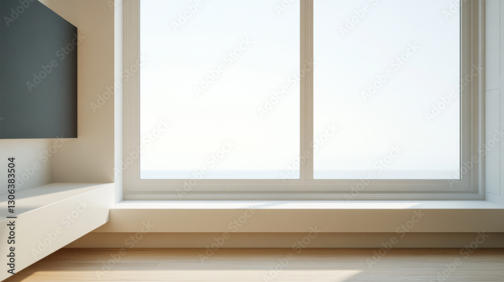 Fototapeta premium Minimalist interior design featuring large window and serene ocean view