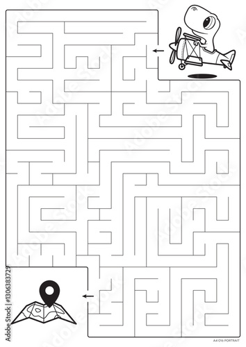 Vector black lines for printable maze. A4 format. Coloring book educational maze with a little dinosaur flying by plane looking for a map. Size portrait.