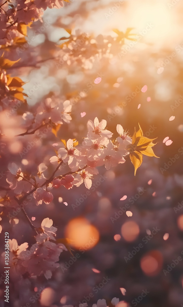 Fototapeta premium Ephemeral Beauty A Cascade of Cherry Blossoms and Sunlight Dancing Through the Forest Canopy