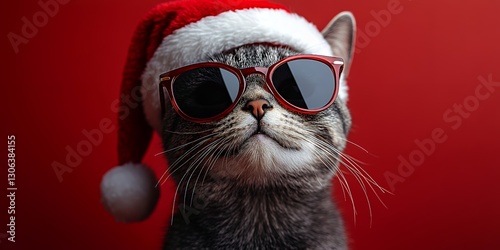 Adorable Cat Wearing Santa Hat and Sunglasses Festive Holiday Look