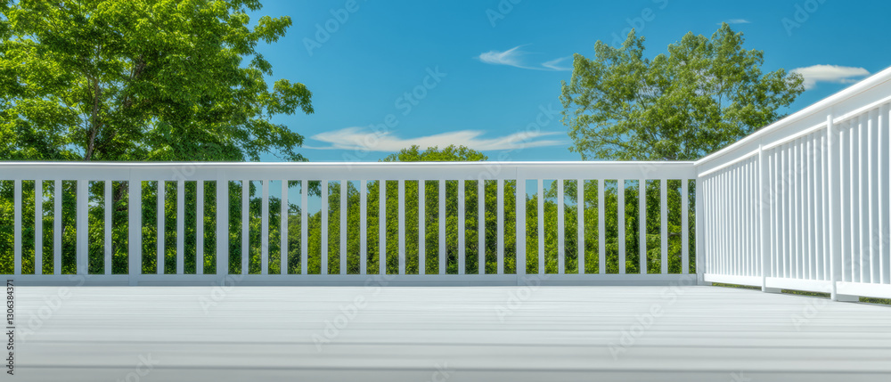Fototapeta premium Bright sunny day on a white deck overlooking lush greenery