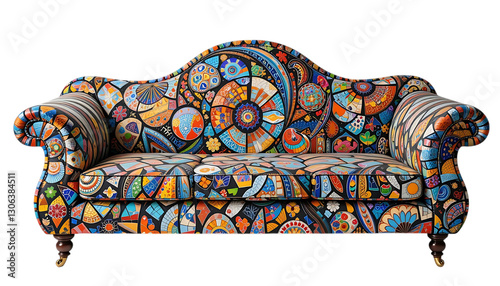 Artistic couch with vibrant mosaic patterns combining colorful tiles and intricate designs