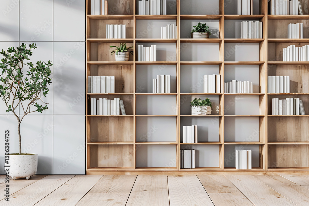 Fototapeta premium Modern home office with a custom built bookcase, wooden shelves and blank decorative items mockup. Functional backdrop for video conferencing