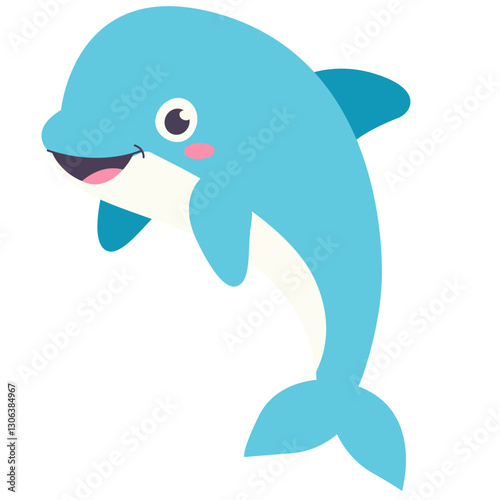 Cute light blue cartoon dolphin vector illustration with a wide smile. Ideal for children's designs, ocean themes, or cheerful creative projects. Scalable, high-quality vector