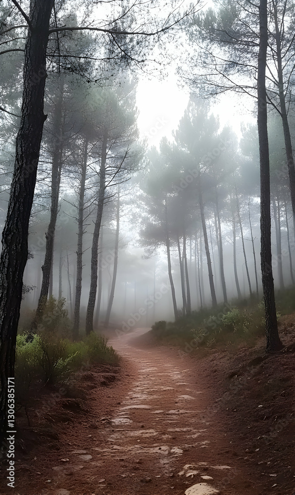Naklejka premium Mystical Path into Serenity A Tranquil Walk Through a Fog-Kissed Pine Forest Landscape
