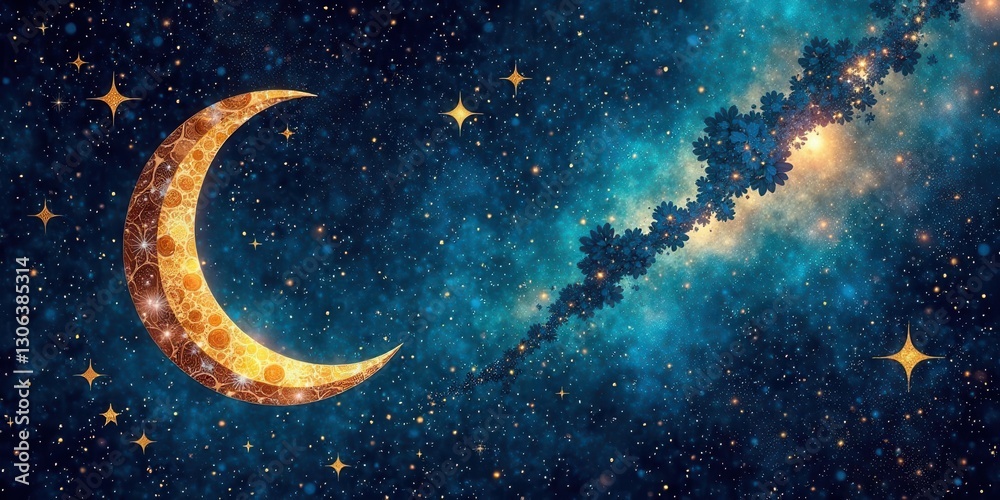 Naklejka premium Crescent Moon Glimmering in a Celestial Tapestry of Stars and Floral Nebulae