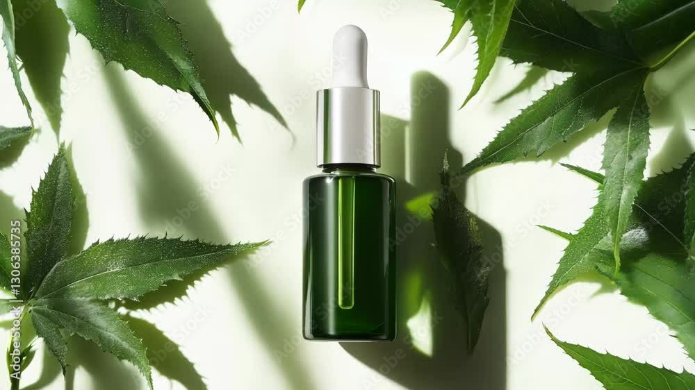 A dark green glass dropper bottle of botanical serum is elegantly placed among fresh green leaves, casting soft shadows on a light background. The composition highlights the concept of natural 