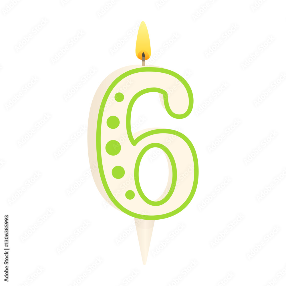 Cake candle in the form of number 6 with a lit fili. Anniversary celebration. Birthday party. Festive decorations. Vector illustration isolated on white background. Cake candle in the form of number 6 with a lit fili. Anniversary celebration. Birthday party. Festive decorations. Vector illustration isolated on white background.