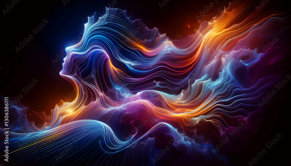 Law of attraction Abstract, glowing waves in a spectrum of blue, orange, and purple, flowing and intertwining against 2 Law of attraction Abstract, glowing waves in a spectrum of blue, orange, and purple, flowing and intertwining against 2