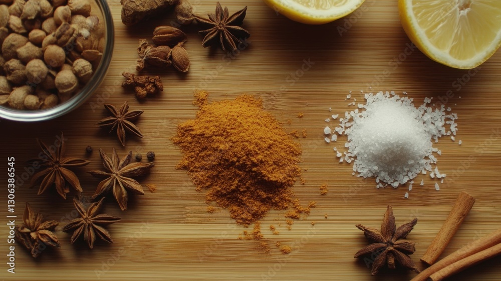 Spices and ingredients for cooking on wooden Spices and ingredients for cooking on wooden