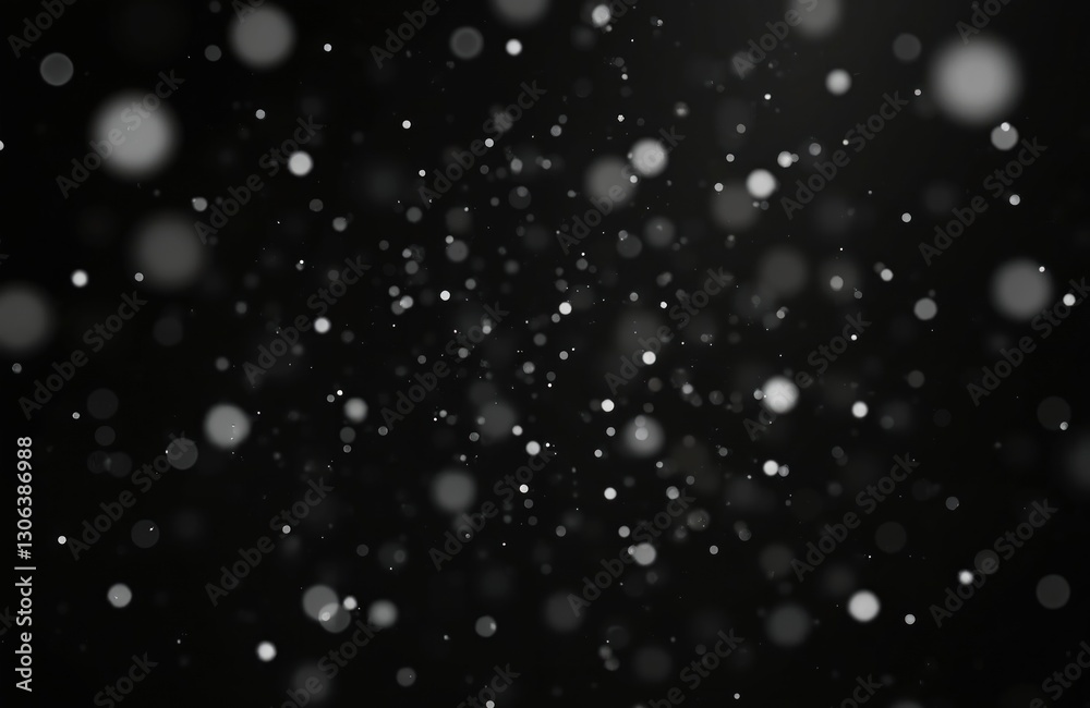 Obraz premium Isolated falling snow overlay on night sky. Defocused blurred snowflakes bokeh design. White snowstorm glitter particles, winter holiday festive decoration on dark black wallpaper background.